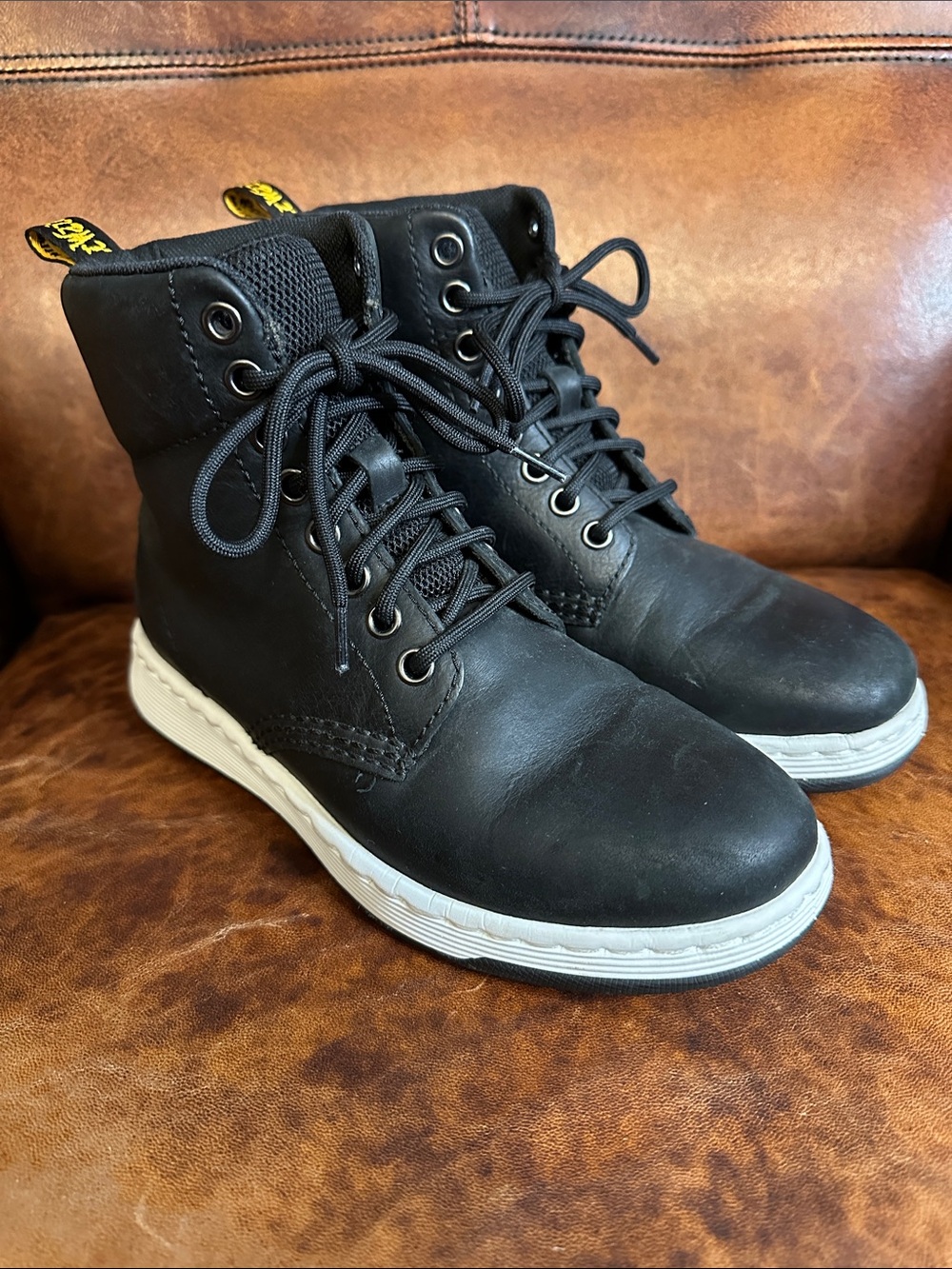 Dr. Martens Rigal Black Leather Lace-Up Boots with White Sole Women’s Size 5
